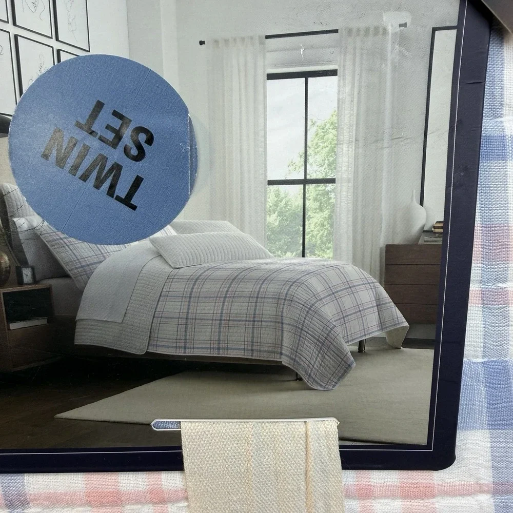Brooks Brothers Cotton Slub Quilt and Shams 68x86 New Twin Pink Blue Plaid
